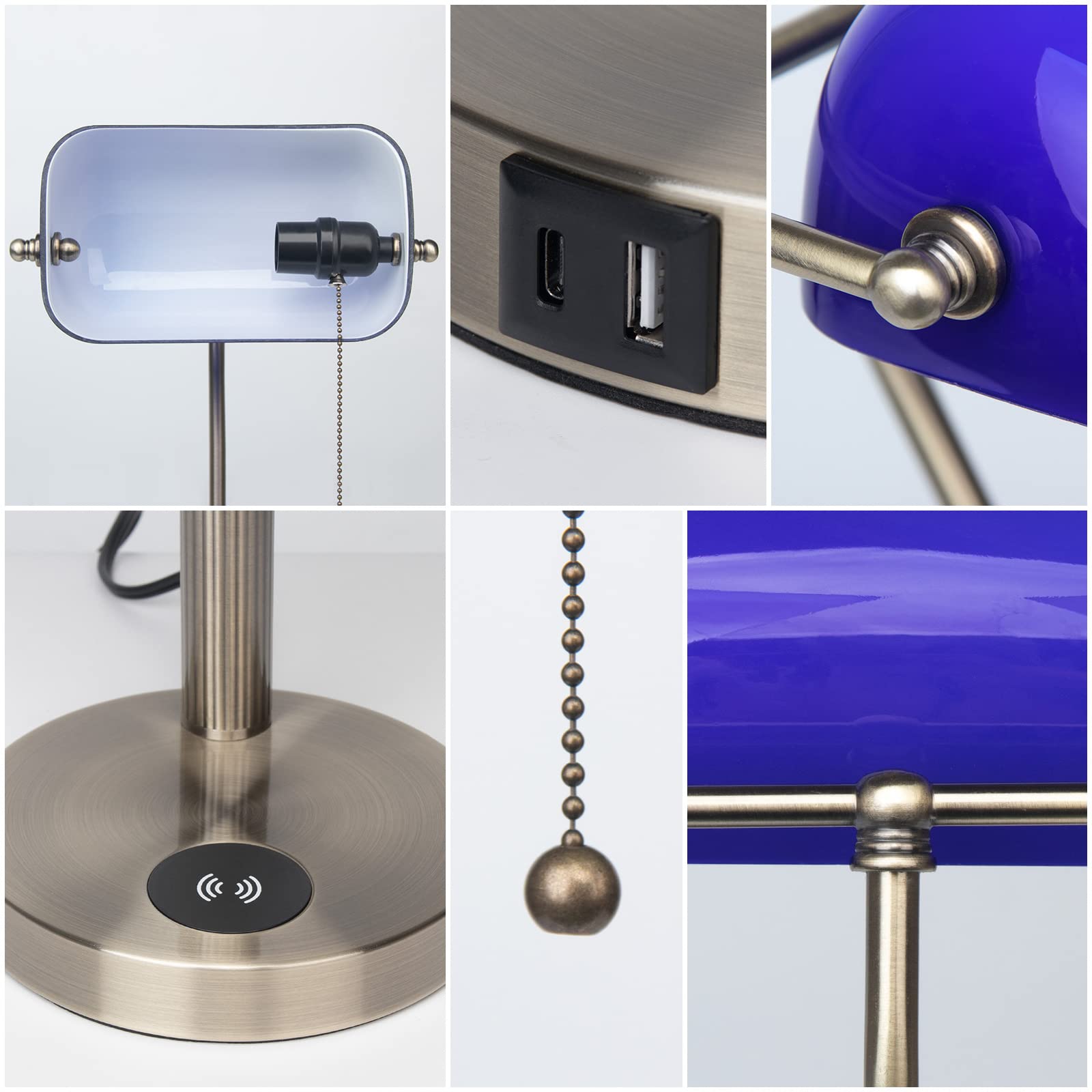 FIRVRE Azul Lámpara de Escritorio de Vidrio E27 Lámpara de Mesa Clásica con Puerto USB de Carga Inalámbrica Interruptor de Cadena de Latón Vintage Lámpara de Mesilla de Noche para el Hogar Oficina