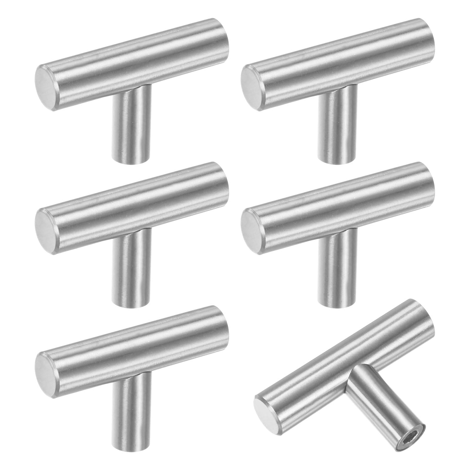 M METERXITY 6-Pack Cabinet Pulls Knobs, 2" Modern Stainless Steel t Bar Knobs Single Hole Handles for Dresser Drawers/Office Decorative/Kitchen Bathroom Door [Silver]