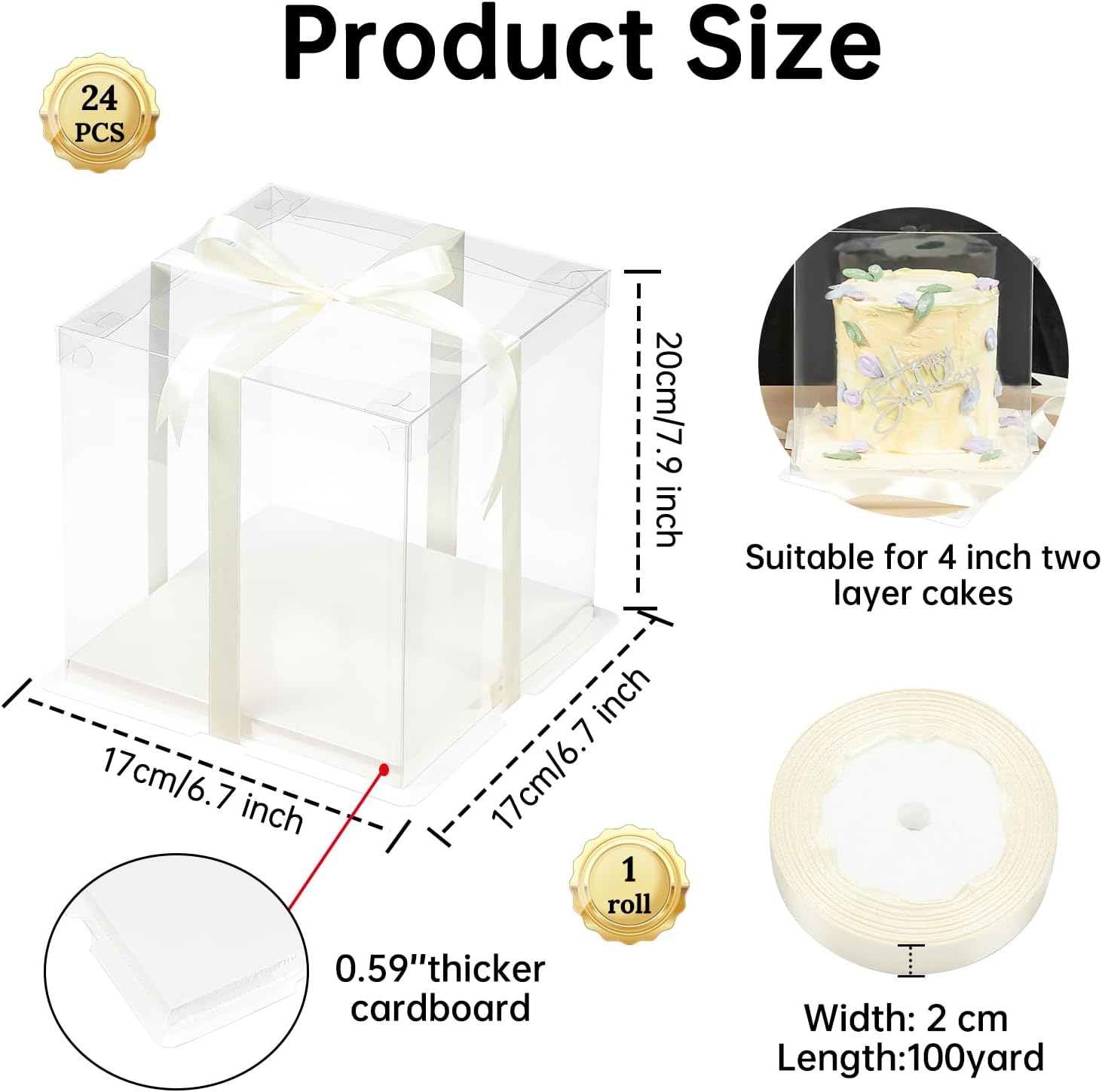 24 Pcs Clear Gift Box with Ribbon 2-Layer 6.7x6.7x7.8 Inch, Transparent Cake Carrier Box with Lids, PET Tall Cake Packaging Boxes, Clear Gift Boxes for Birthday,Wedding and Festival Party