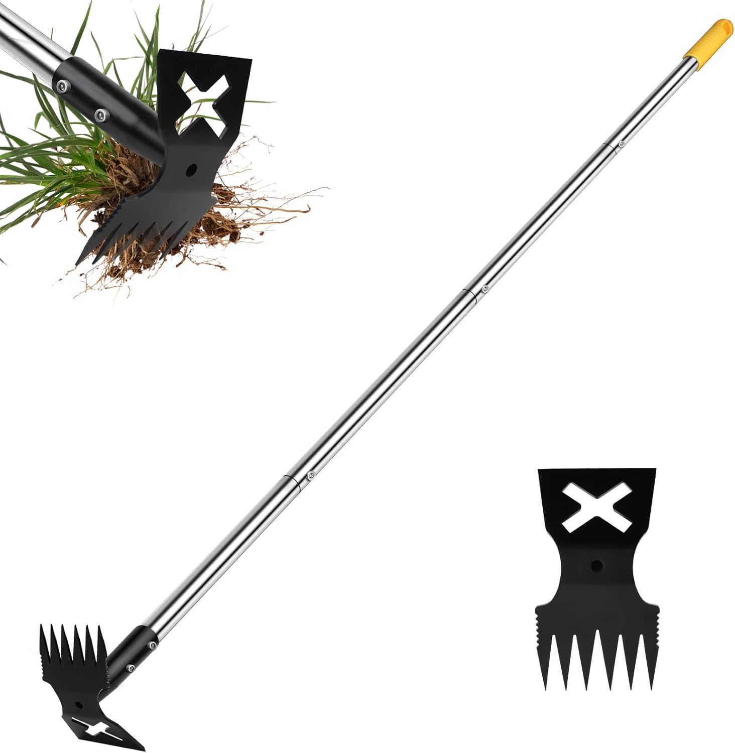 NICOFPHY Weed Puller Tool with Long Handle, 60" Manual Weeding Tools Gardening, 2 in 1 Hand Weed Rake and Hoe Garden Weeder Tool, Uprooting Pulling Weed Remover Tool for Yard, Patio, Lawn and Garden