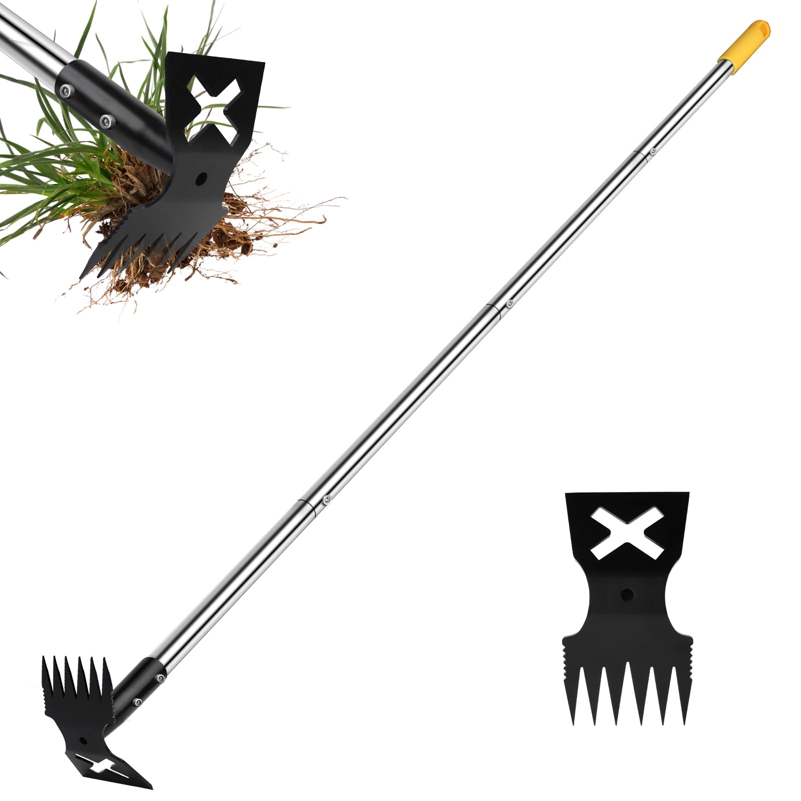 NICOFPHY Herramienta extractora de malezas con mango largo, herramientas manuales de 60 pulgadas para jardinería, rastrillo de malezas de mano 2 en 1 y herramienta de desbrozador de jardín