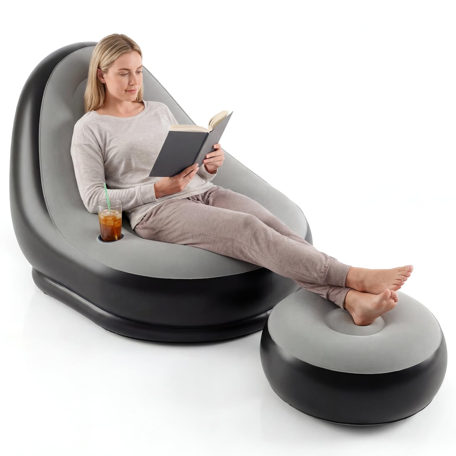 GOPLUS Aufblasbares Sofa mit Ottomane, beflocktes Luftsofa mit Getränkehalter & Reparaturflicken, tragbares Bodensofa für Innen und Außen, Sessel für Camping & Gaming
