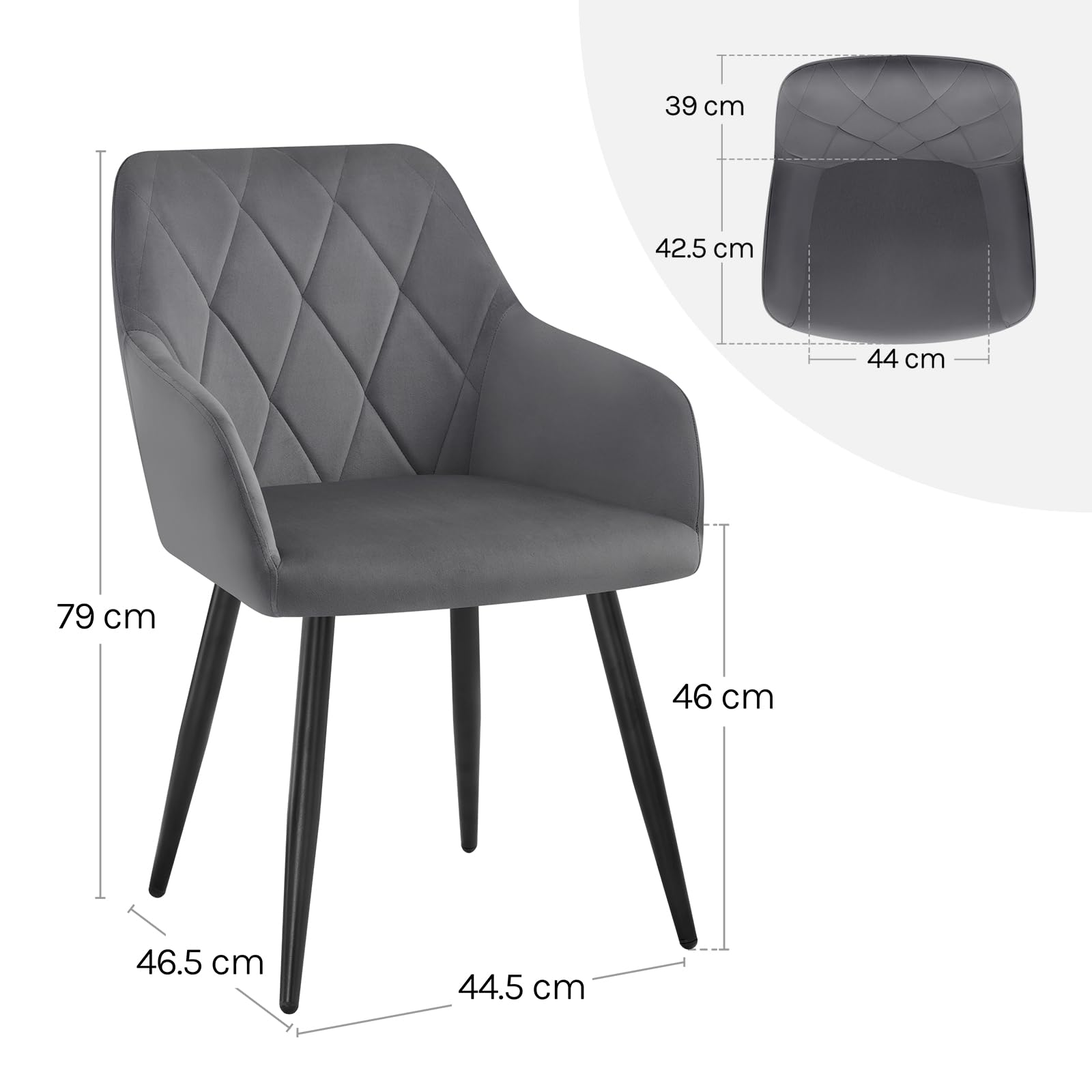 WOLTU 4er Set Esszimmerstühle mit Armlehne Rückenlehne, für Esszimmer Wohnzimmer Küche, Bequeme Küchenstühle gepolstert mit Samtbezug, Metallbeinen, Dunkelgrau