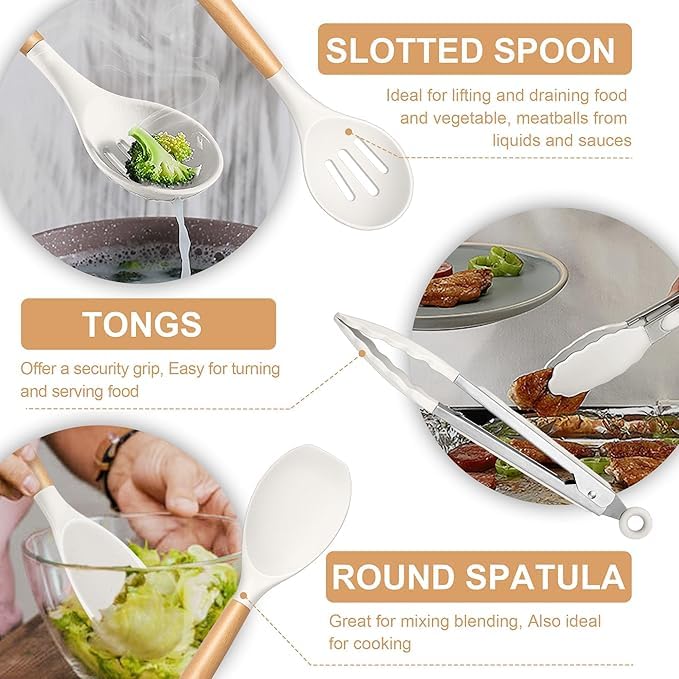 Image of Barebeauty 12 Pcs Silicone Kitchen Utensils Set with Holder Heat Resistant Silicone Spatula | Turner Set Wooden Spoons Kitchen Tools | Cooking Utensils for Nonstick Cookware (Cream)