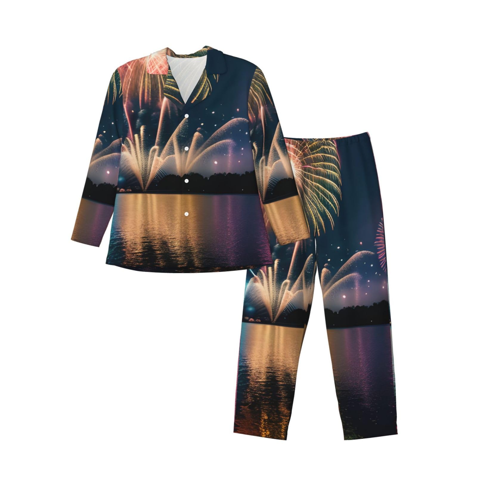 Herren-Pyjama-Set mit Feuerwerks-Aufdruck, langärmelig, zweiteilig, Hauskleidung, bequeme Nachtwäsche