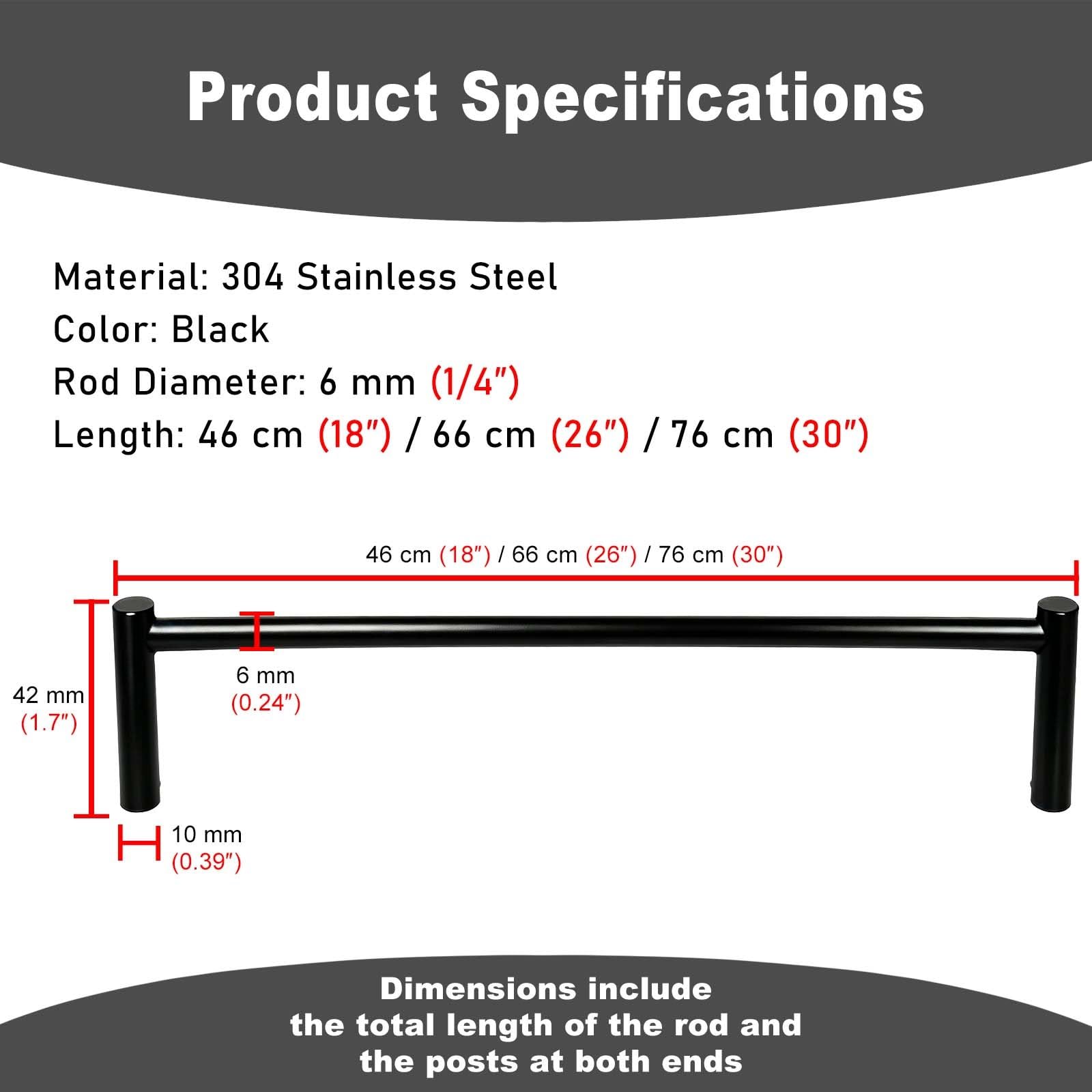 Regalgeländer Schwarz Relingstange für schwebende Regale Abnehmbar 46/66/76 cm Absturzsicherung Edelstahl für Weinregale Set à 2/4/6 Stück(Set of 3,L 26in(66cm))