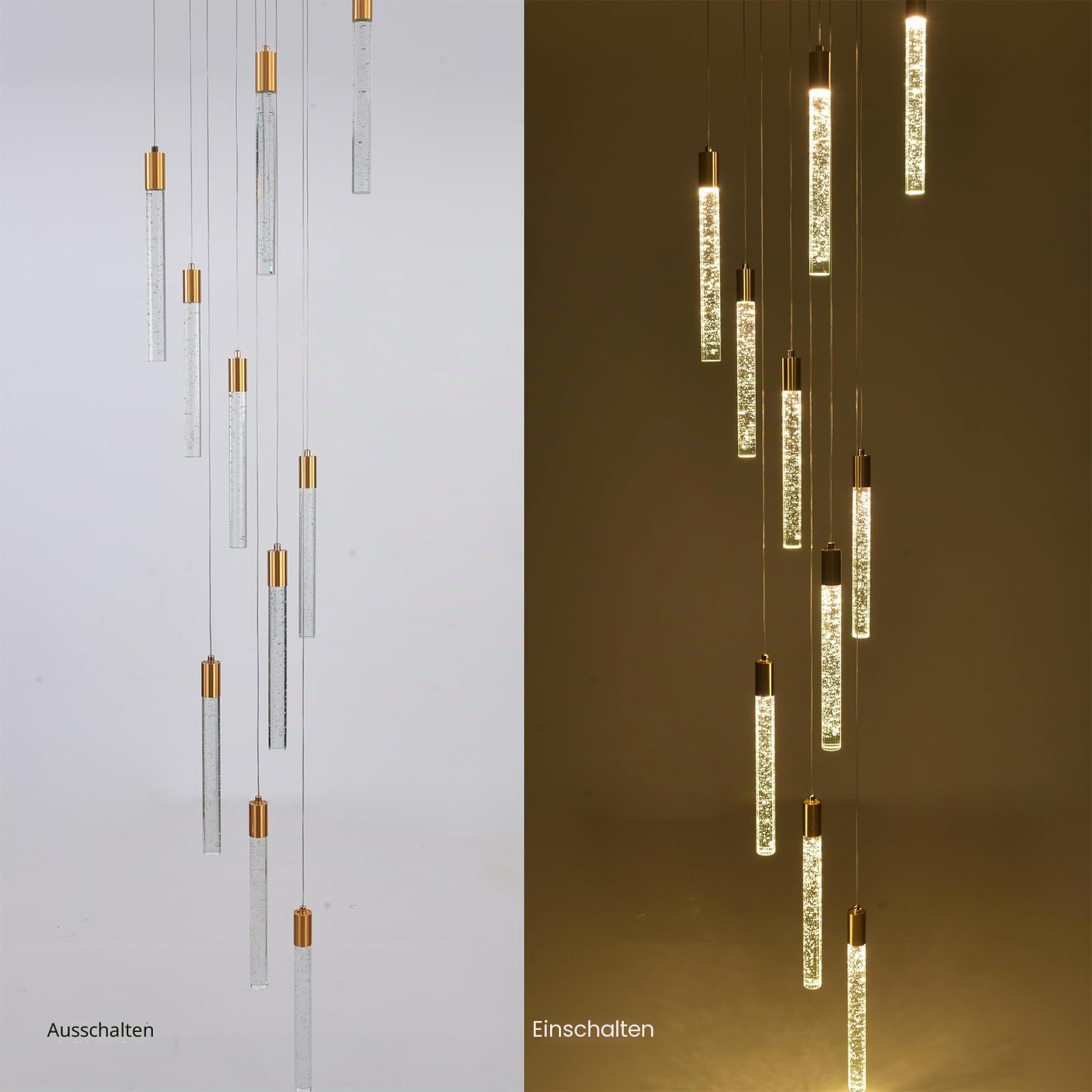 Qcyuui Gold Kristall Pendelleuchte, Dimmbare LED Treppenhauslampe | Modern-Minimalistische Deckenleuchte für Hohe Decken, Wohnzimmer und Esszimmer,Extra Groß und Höhenverstellbar