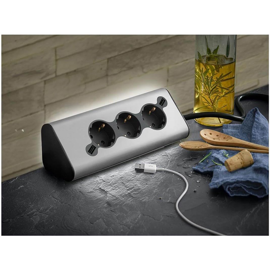 WMF Ambient listwa zasilająca do kuchni, z wieloma wtyczkami Pro, 3 gniazdka z 2 gniazdami USB, oświetlenie otoczenia, do kuchni, biura, salonu, gniazdo kątowe 45°, stal nierdzewna matowa
