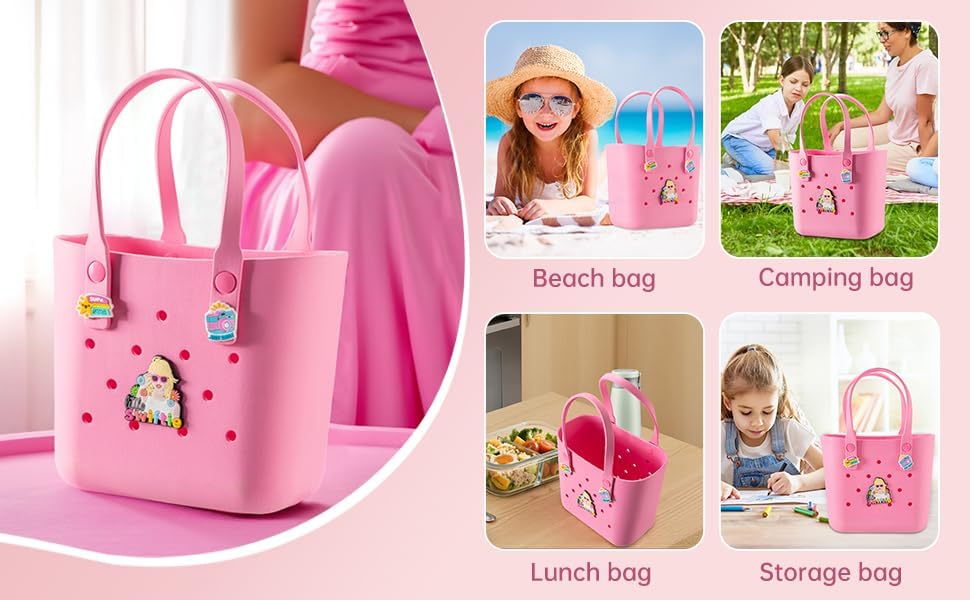 Rubber Tote Bag Small Lunch Bag Waterproof Bento Bag Washable Tote Portable Travel Bag Open Handbag for Girls/Kids