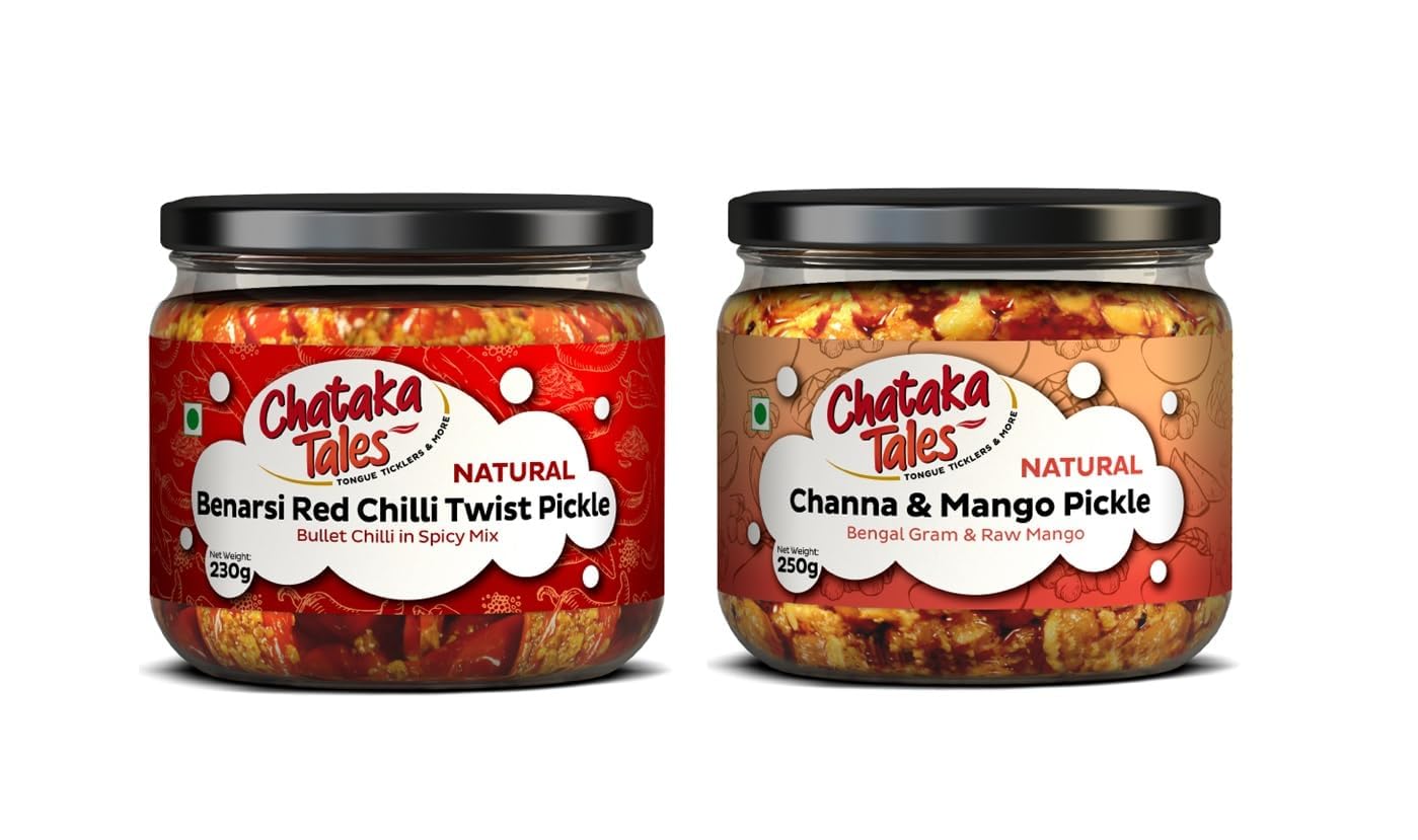 Chataka Tales Special Benarsi Dry Chilli Twist and Channa And Mango Homemade Pickle, Preservative-Free, Combo Pack of 2