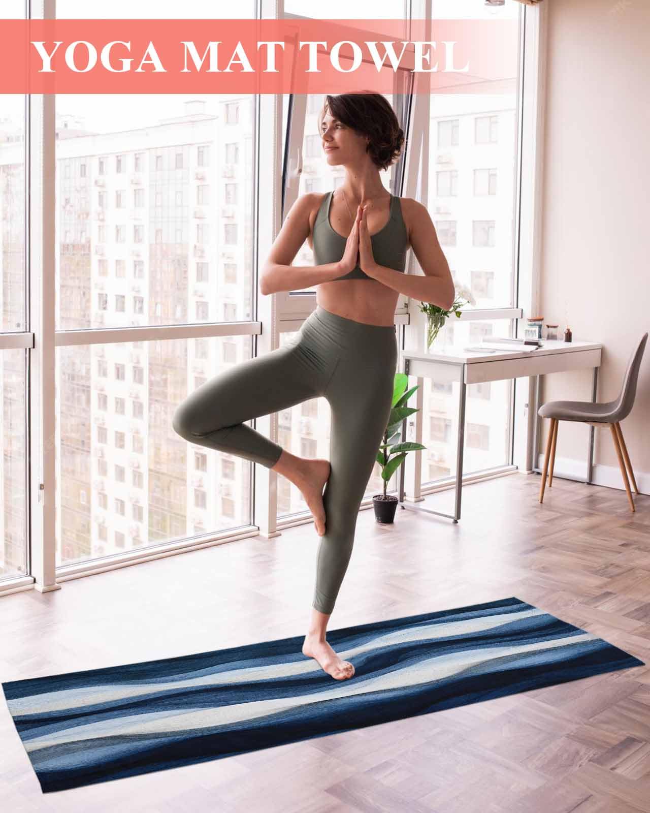 Yoga Mat Towel, Abstract Geometryic Navy Blue Water Ripple Non Slip Hot Yoga Mat Towels with Corner Pockets, Gradient Stripe Color Block Soft Sweat Absorbent Yoga Blankets for Hot Yoga Workout