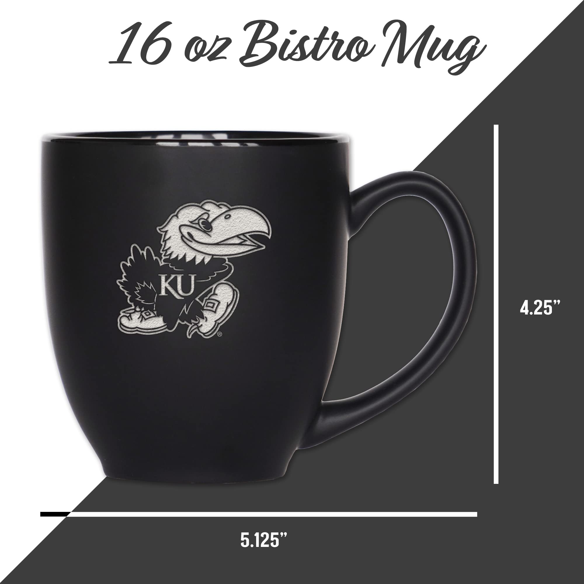 Rico Industries NCAA Kansas Jayhawks Main - Taza bistró negra mate de 16 onzas, para bebidas calientes o frías, logotipo del equipo grabado para una sensación única