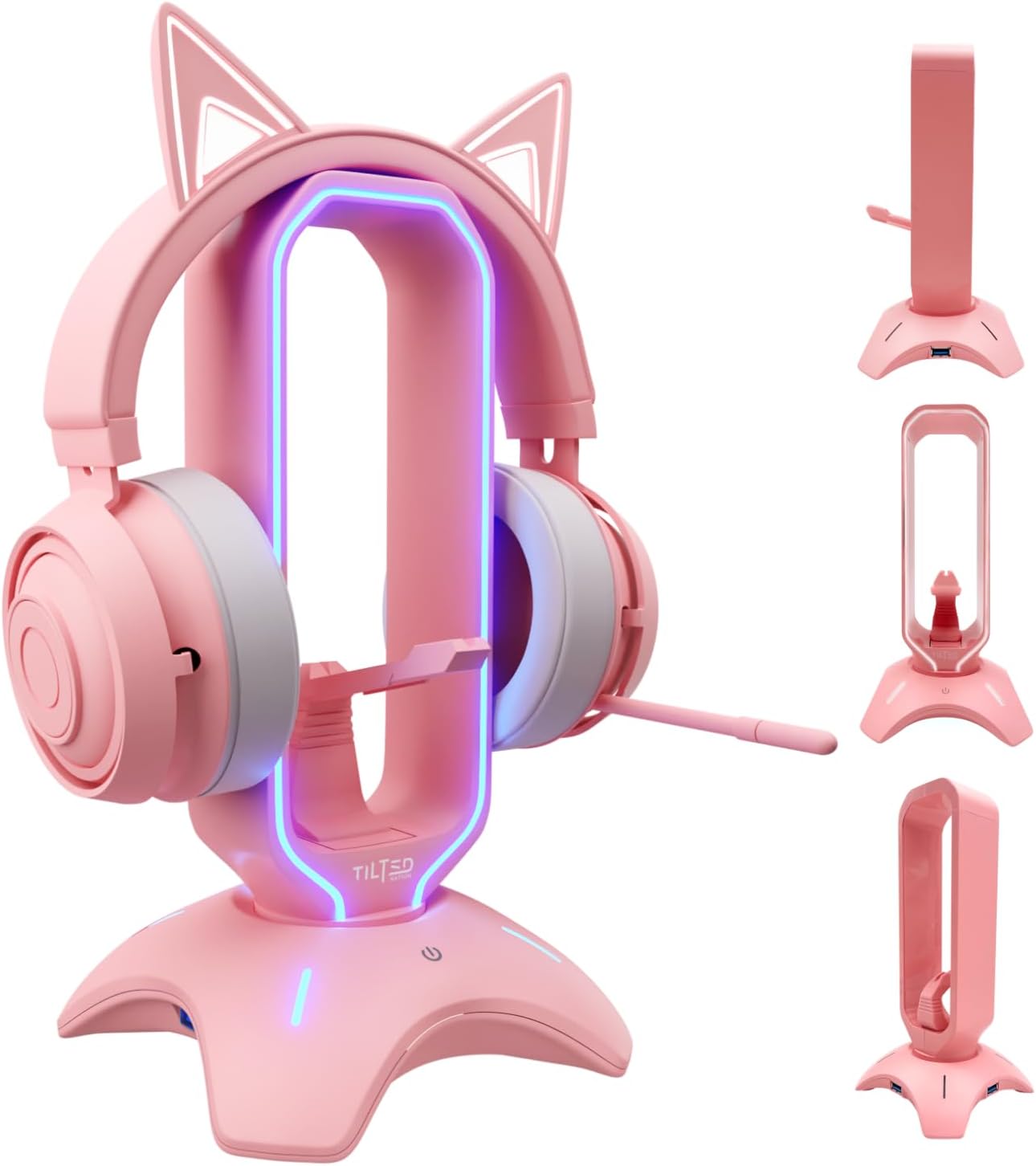 Tilted Nation Gaming Headphone Stand | Pink Headset Holder with RGB, Mouse Bungee and USB Hub | Cute Headphone Stand for Gamer Girl Accessories