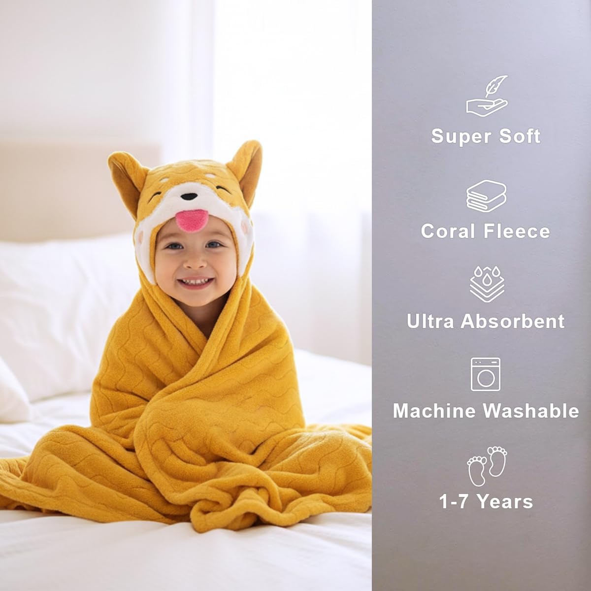 NOOVIA Premium Baby Hooded Towel for Toddler Kids 1-7 Years, Thick Soft Absorbent Bath Towel with Hood for Boys Girls, Large 27x55 inches, Orange Dog Animal Design