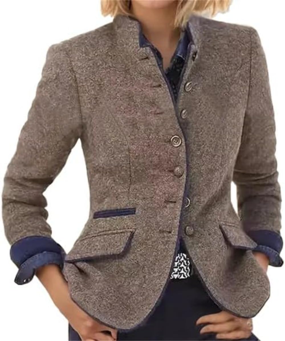 Blazer de Tweed Retro de un Solo Pecho para Mujer Chaqueta de Tweed con Solapa Elegante Chaqueta de Negocios Ajustada con Cuello Alto y Manga Larga para Primavera y otoño