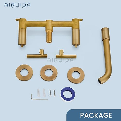 Miniatura 9 de Airuida Grifo de baño montado en la pared de latón antiguo de 3 agujeros, doble manija con boquilla giratoria 360, grifo mezclador de lavabo,