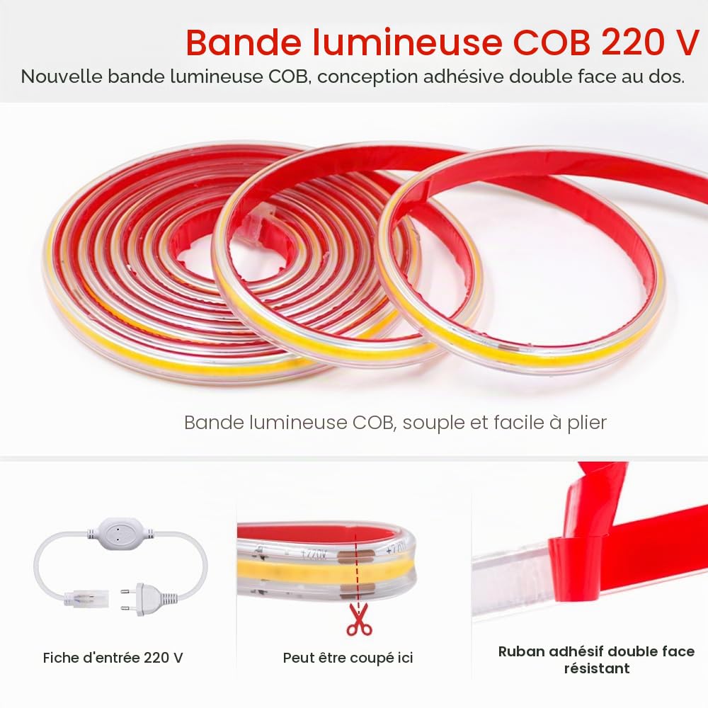 XUNATA Lumière au LED COB Autocollant, 288Leds/m IP65 étanche 230V Super Lumineux Bandeau flexible Ruban LED Light Strip pour Escalier, Chambre, Noël, Fête, etc (Blanc naturel, 15M)