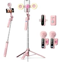 Pink Vlogging Kit for iPhone/Android, 71" Magnetic Auto Face Tracking Tripod for iPhone, 6 in 1 Selfie Stick with Lights &amp; Microphone for TikTok Content Creator Kit Designed Specifically for Women