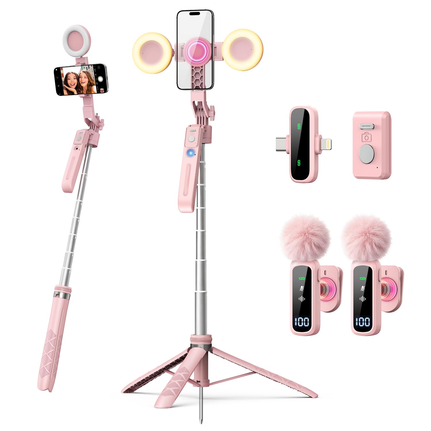 yAyusi Kit di Vlogging Rosa per iPhone/Android, Automatico Volto Rilevamento Treppiede Magnetico 180cm con Luce e Microfono, Kit Completo per Youtube e TikTok Sviluppato Appositamente per le Donne