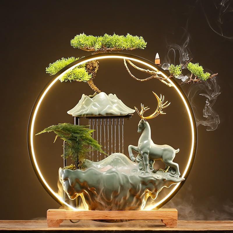 Fuente Decorativa de jardín, Fuente de Agua con Cascada, de cerámica, con iluminación LED, Quemador de Incienso, Feng Shui Zen, decoración para salón, Dormitorio, Oficina