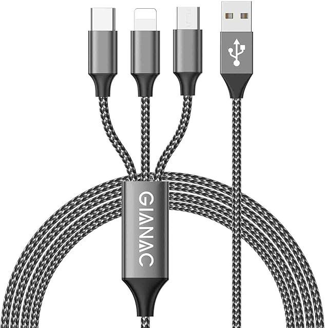 Multi Charger Cable, 3 in 1 Charger Cable [1.2M] Multiple USB Cable Nylon Braided with Micro USB Type C Lightning Cable Connector for iPhone, Android Galaxy, Huawei, Nexus, Nokia,LG, Sony, PS4-Grey