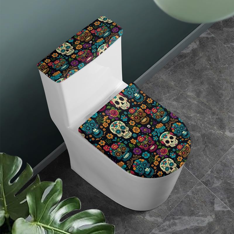 Daulesho Mexican Sugar Skull Toilet Lid and Tank Cover Cartoon Skeleton Flower with Elastic Bottom Toilet Covers Set Day of The Dead Home Machine Washable Bathroom Accessories