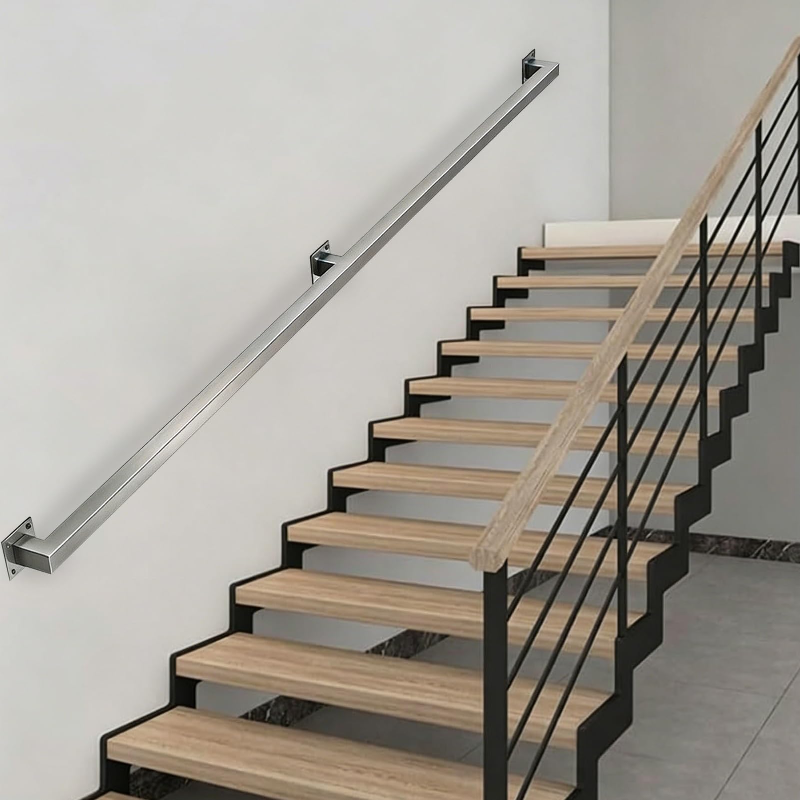 Industrial Stair Handrails Banister Support Kit, 1m/2.8m/3m/3.5m/4m/4.2m Wall Mounted Safety Sturdy Grab Bars for Steps Balconies Decks Patio Outdoor Decor - Silver(17ft/5.1m)