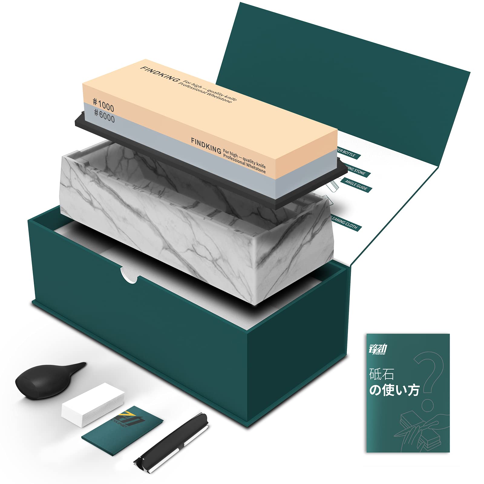 FINDKING Knife Sharpening Stone #1000/#6000 Double-Sided Whetstone Household Whetstone for Professionals, Marble Pattern Base, Angle Fixed Holder, Washing Tools Included : Home & Kitchen
