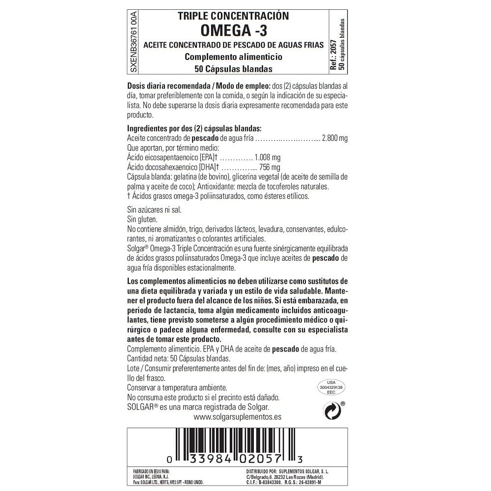 Solgar Omega 3 triple concentración, Apoyo al Cuidado del Corazón, Aceite de Pescado Concentrado de Aguas Frías que Aporta EPA y DHA, 50 Cápsulas