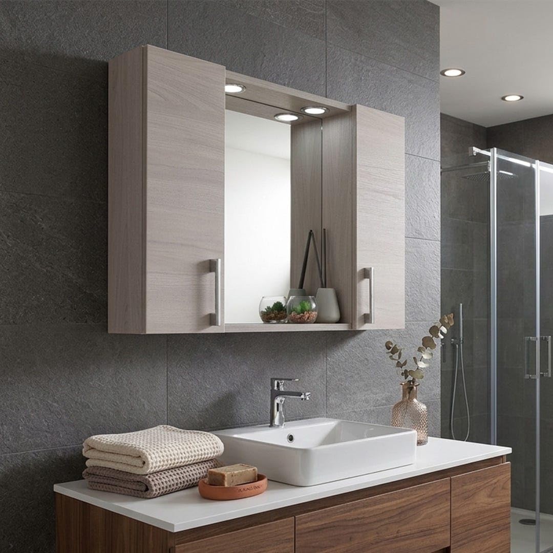 Kiamami Valentina - Specchio bagno contenitore con 2 pensili laterali rovere grigio
