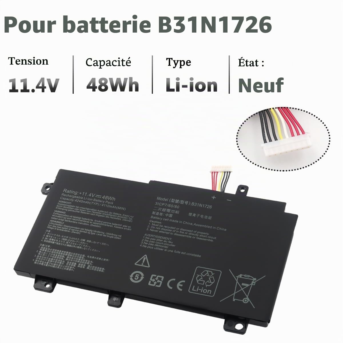 B31N1726 Batterie pour ASUS FX505 FX505D FX505DT FX505G FX504 FX504G FX504GD FX504GM FX505GE FX505GD FX505GM FX505GT FX505DY FX80 FX80G FX80GM FX86 FX86FM FA506IU FA706IH FA706II 48Wh