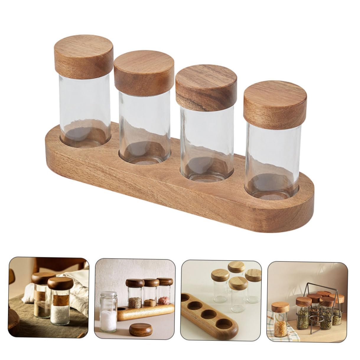 Gatuida Set Barattoli di Spezie in Vetro Trasparente 90ml con Coperchio in Legno di Acacia, Porta Condimenti Salvaspazio con Vassoio, Contenitori per Sale e Zucchero per Cucina Domestica