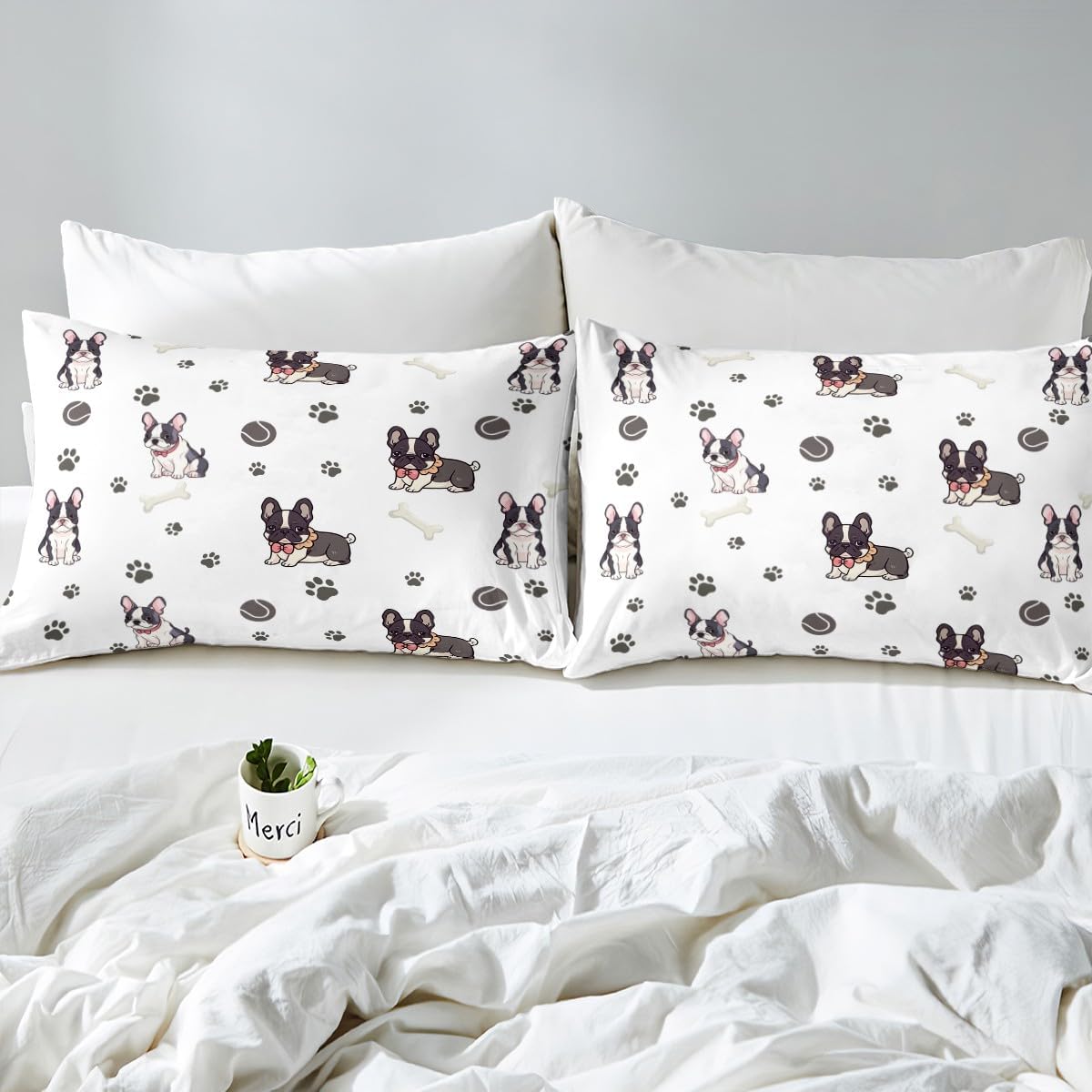 Castle Fairy Cute Frenchie Dog Kids Fitted Sheet Twin Size,House Puppy Pet Animal Themed Mattress Protector with 1 Pillowcase,Cartoon Paws Print Ball Bones Elastic Deep Pocket Bed Cover,No Flat Sheet