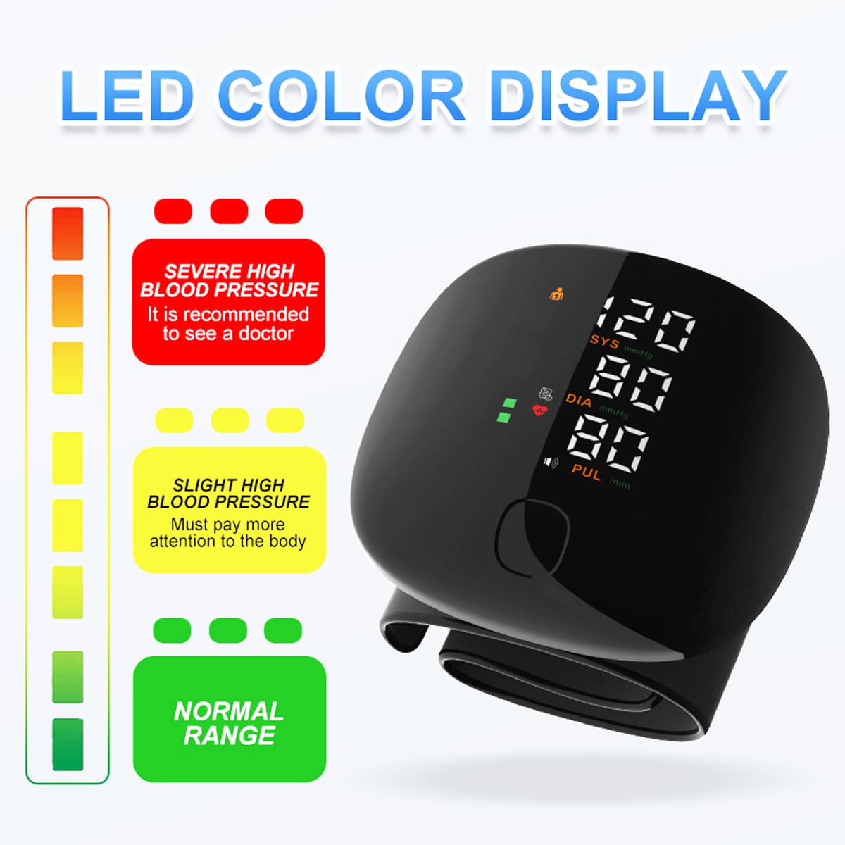 Tensiomètre Poignet Numérique LED 2x99 Mémoire Étui | Brassard ajustable 13,5-19,5 cm, mémoire pour 2 utilisateurs (99 lectures chacun), écran LED, pour usage domestique
