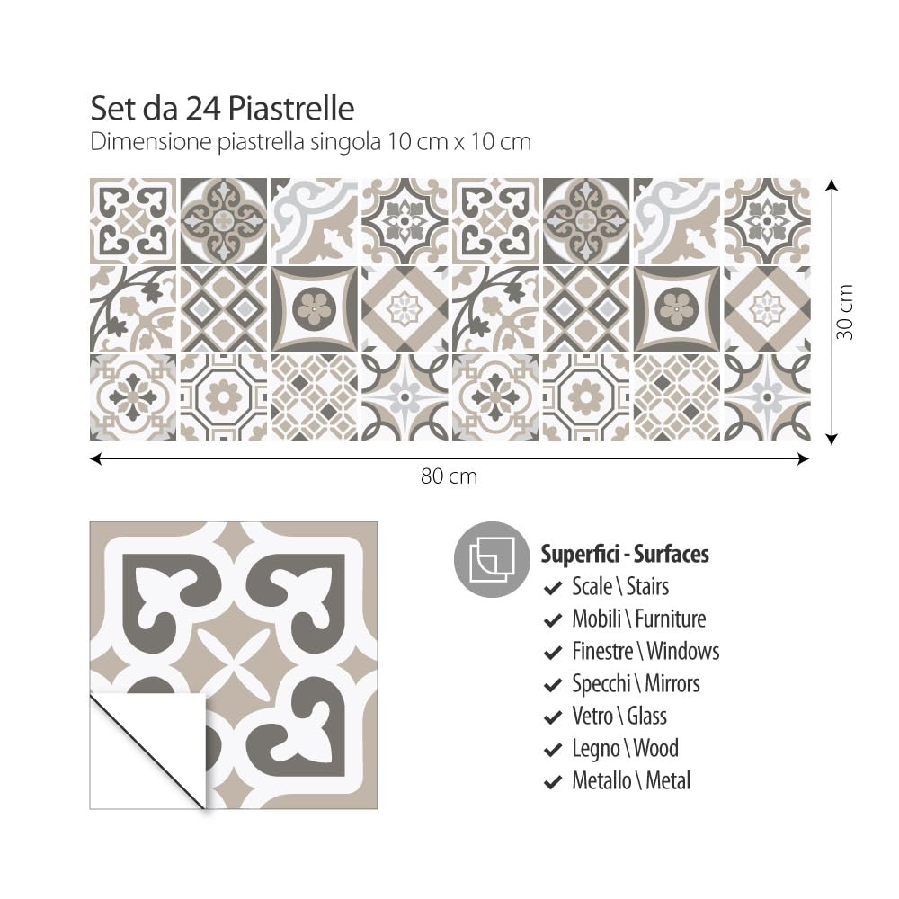 RE-COVERTILES - Adesivi per Piastrelle Bagno e Cucina 24 Pz 10x10 cm - PS00213 Decorazione murale in PVC impermeabile mattonelle mosaico stile cementine Azulejos