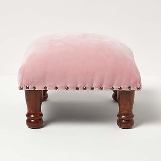 HOMESCAPES Blush Pink Velvet Footstool 40 x 40 cm Square Pouffe on Solid Wood Legs 25 cm Tall Ottoman Style Upholstered Footrest