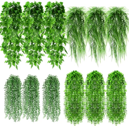 Daifunli 12 Pcs Artificial Hanging Plants Fake Hanging Ferns Plastic Faux Plants for Wall Room Garden Garland Indoor Outdoor Decor No Basket (Boston Eucalyptus Ivy Vine String of Pearls)