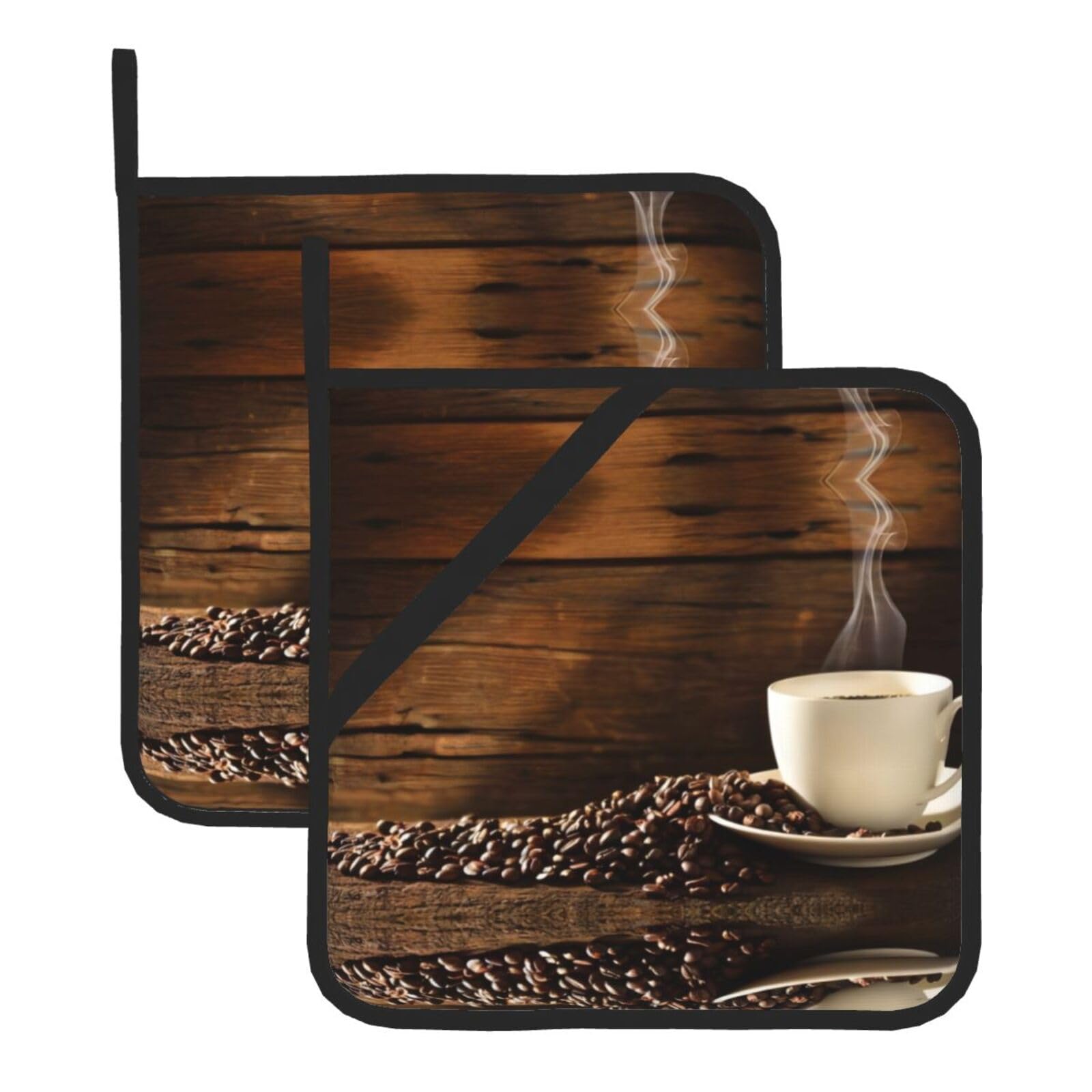 YYHWHJDE Coffee Cup And Coffee Beans Prints Square Hot Pads for Kitchen Counter - Waterproof Pot Holders with Hanging Loop, Durable Trivets for Microwave Oven - 2 Pack