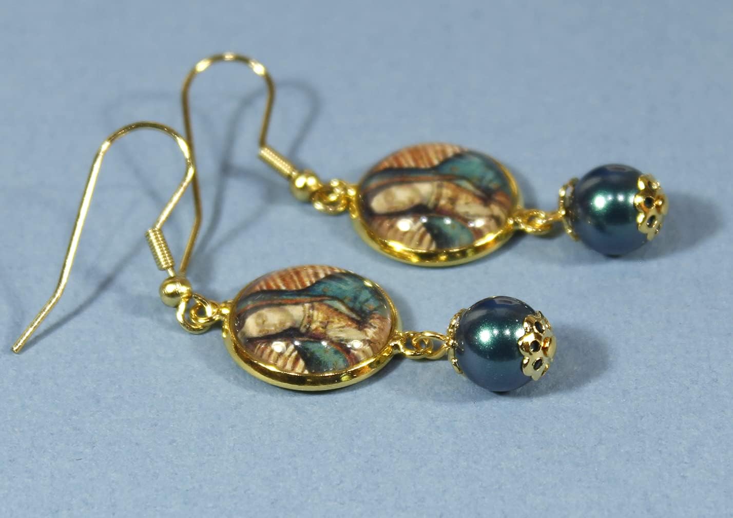 'Our Lady of Guadalupe', Cabochon Dangle Earrings with Preciosa Glass Pearl