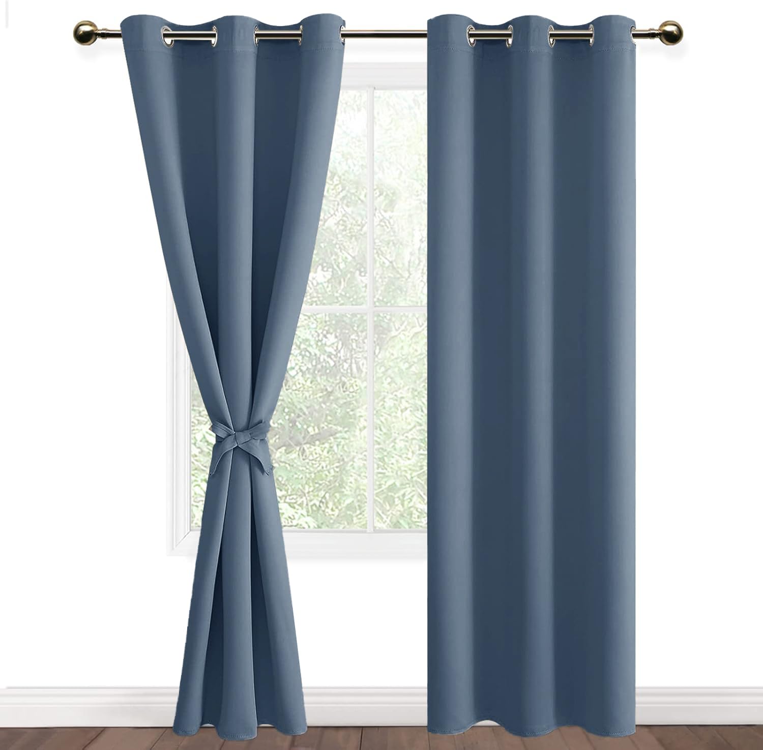 DWCN Blackout Curtains with Tiebacks for Bedroom Thermal Insulated Solid Eyelet Curtains for Living Room 46x90 Inch, Haze Blue,2 Panels