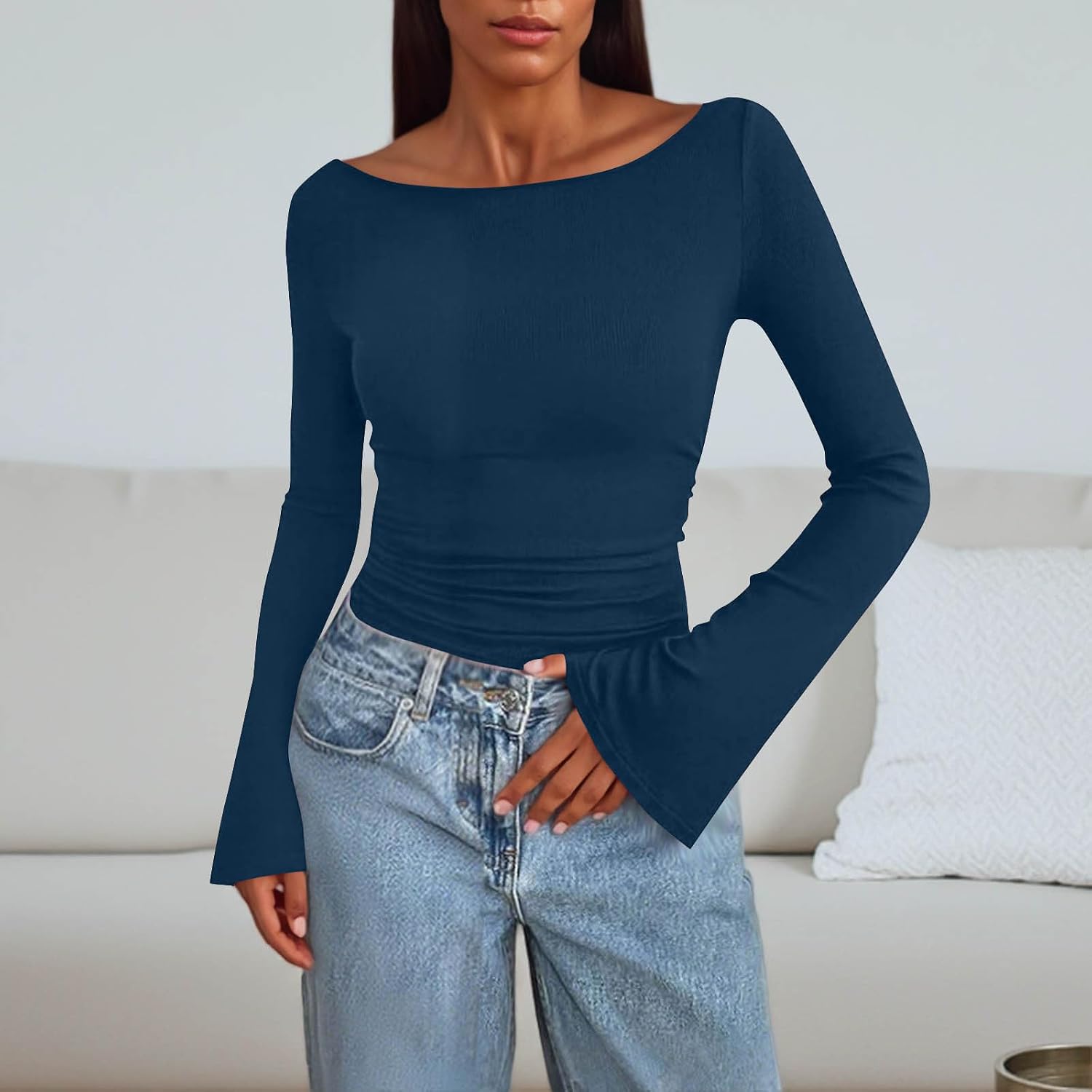Women's Boat Neck Shirts Long Bell Sleeve Y2K Going Out Trendy Sexy Casual Tops Slim Fit Fall Summer Solid Blouses