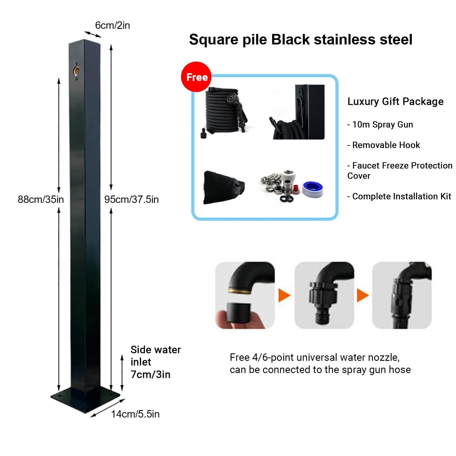 Columna de agua para exteriores, hidrante de jardín de acero inoxidable con doble grifo y pistola pulverizadora, grifo de agua anticongelante, entrada lateral/inferior