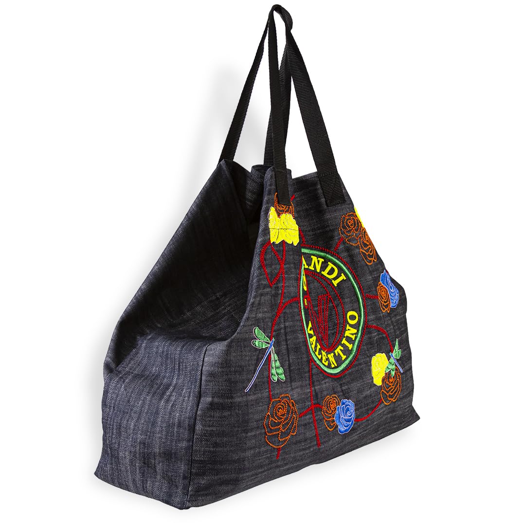 Valentino Orlandi Handbags Purses for Women Embroidered Denim Carryall Tote Purse Italian Designer Large Shoulder Bag