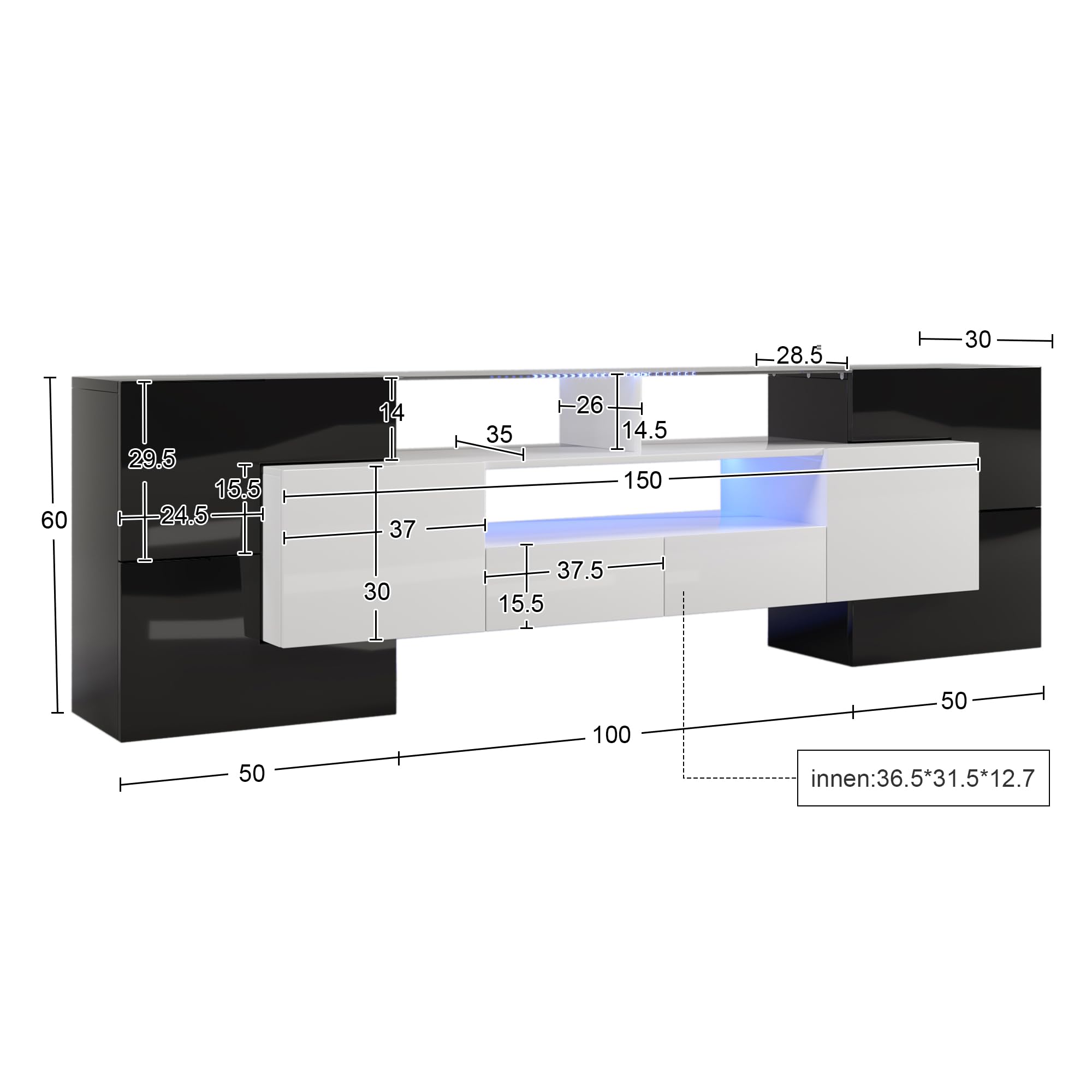 Meuble TV LED Moderne de 200 cm de Hauteur - Noir et Blanc Brillant - avec éclairage LED - Deux tiroirs et Trois Compartiments - Convient pour Le Salon et la Chambre à Coucher (Noir + Blanc)