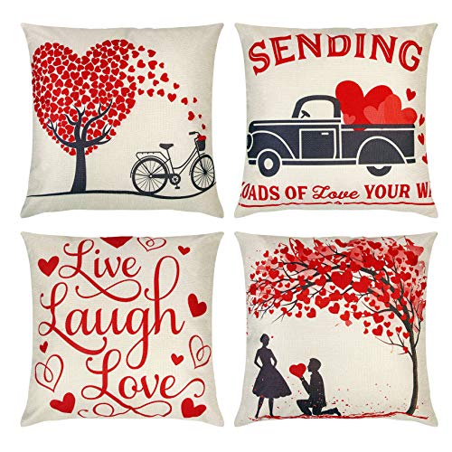 Ouddy 4 Pack Valentijnsdag kussenhoezen 18x18 inch, linnen Valentine kussenhoezen Man's Prostel fiets liefde hart boom truck voor bank, auto, slaapkamer, bank Valentine decoraties