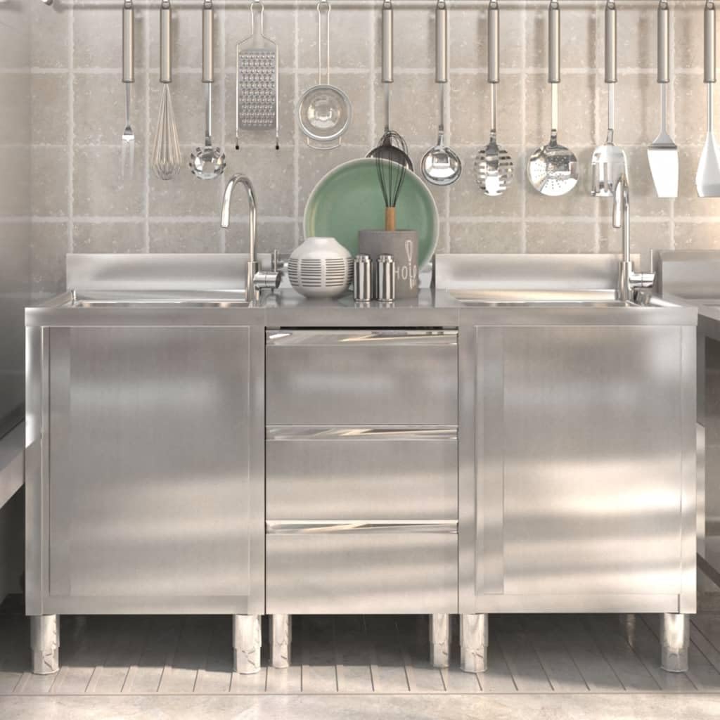 Gewerblicher Edelstahlschrank 3-TLG. Set mit Spülbecken und Schubladen, Gastronomie Edelstahl Küchenschrank mit Aufkantung für Restaurant und Küche