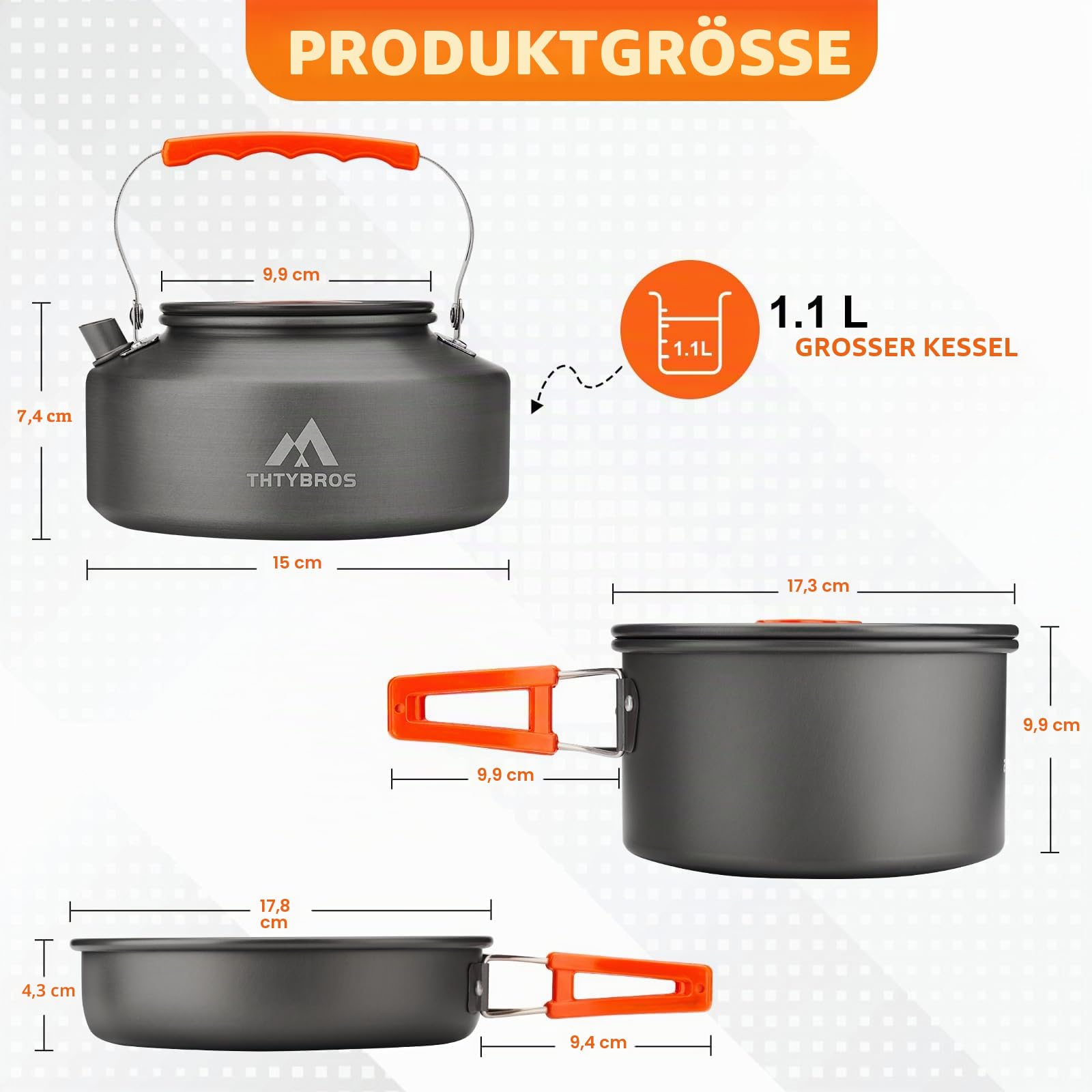 THTYBROS 17-teiliges Camping-Kochgeschirr-Set, hart eloxiertes Aluminium-Topf-Pfanne-Kessel mit 2 Edelstahl-Tassen, Teller, Besteck für Outdoor-Wandern, Rucksackreisen, Picknick