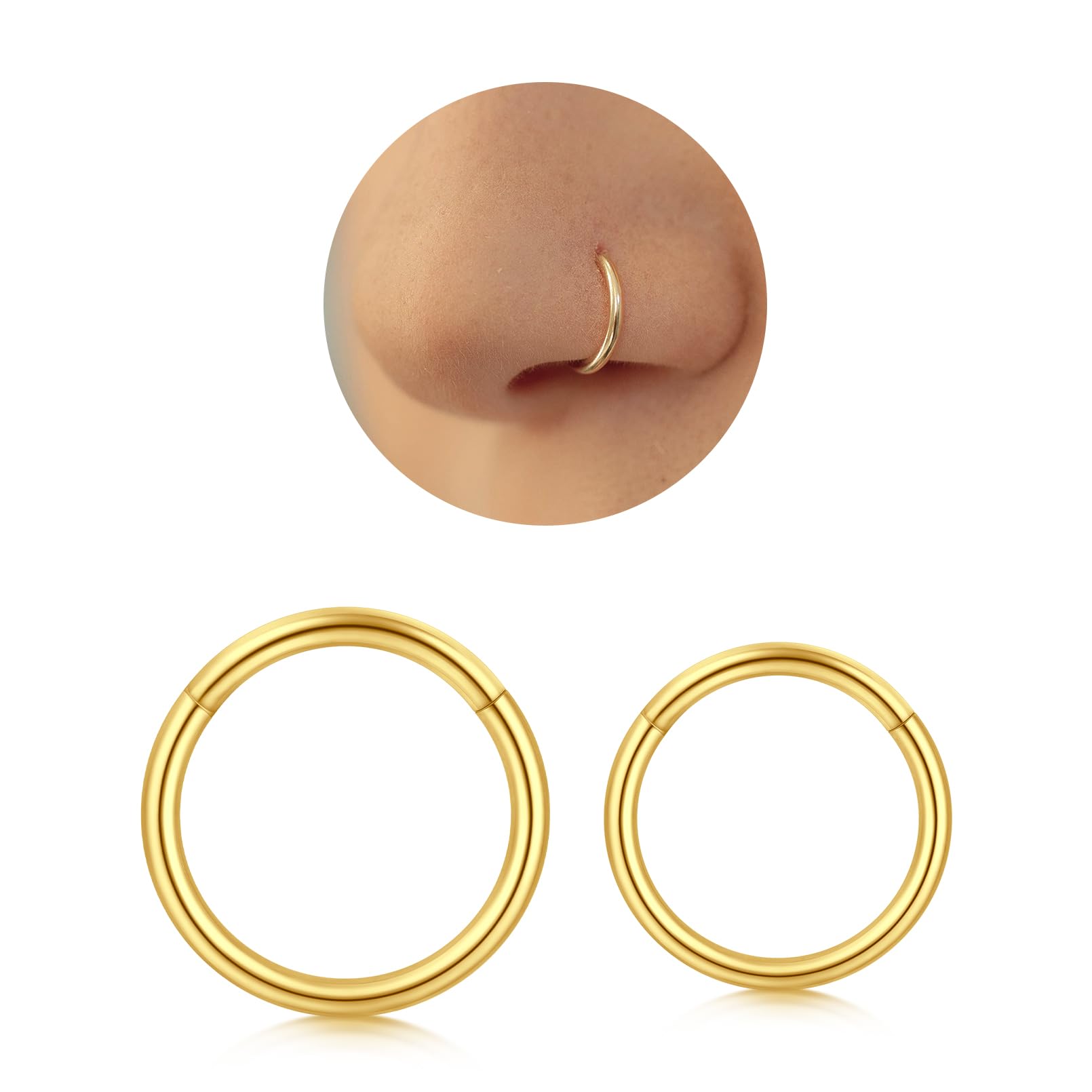 Longita 2 Stück Nasenpiercing Ring 316L Chirurgenstahl Nasenring 16G Septum Clicker Ring Helix Conch Knorpel Tragus Piercing Ohr Innendurchmesser 7MM Gold
