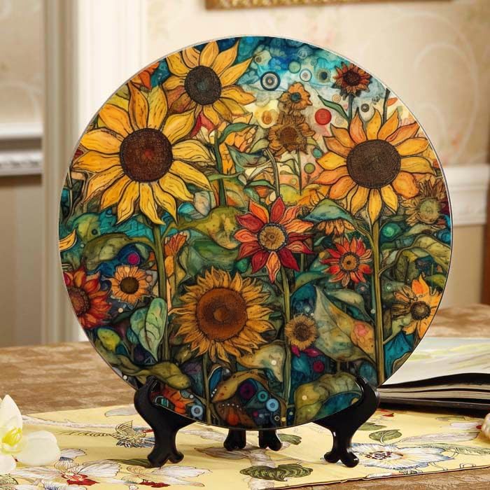 DNOVING 10 Inch Ceramic Plate with Stand Sunflower Field Design for Home Decor and Parties