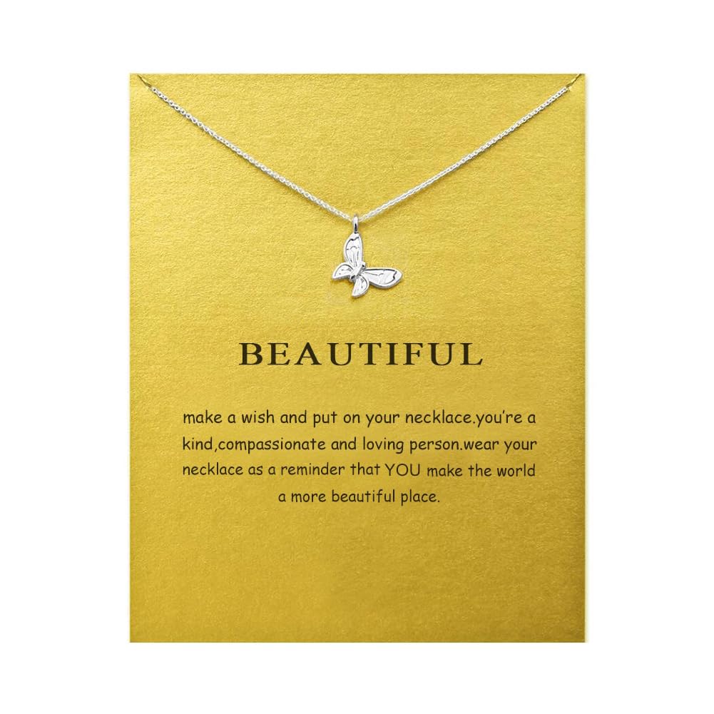 LANG XUAN Friendship Compass Necklace Good Luck Butterfly Pendant Chain Necklace with Message Card Gift Card for Women